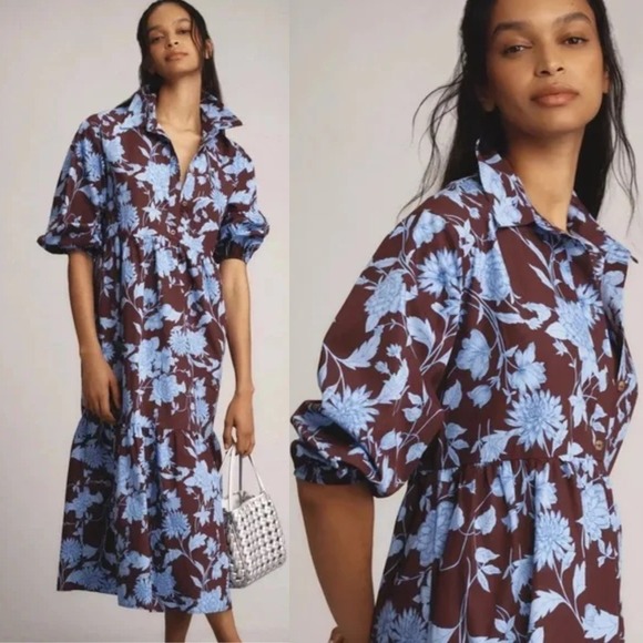 Anthropologie Maeve Bettina Tiered Midi Dress XL Brown Blue Floral Print